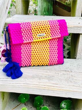 Valerosa Pink & Yellow Woven Clutch with Navy Tassel